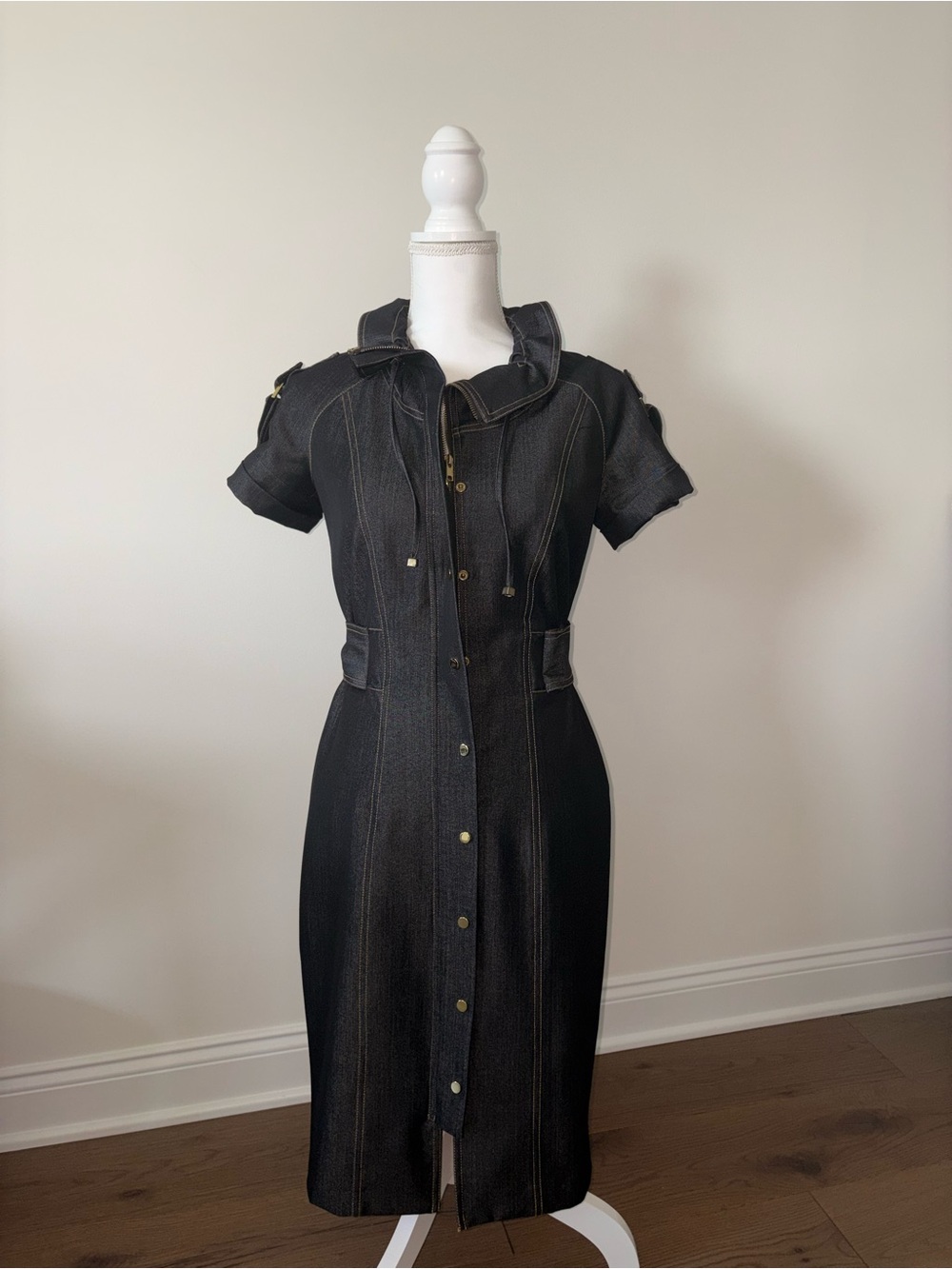 Black Button-Front Denim Midi Dress
